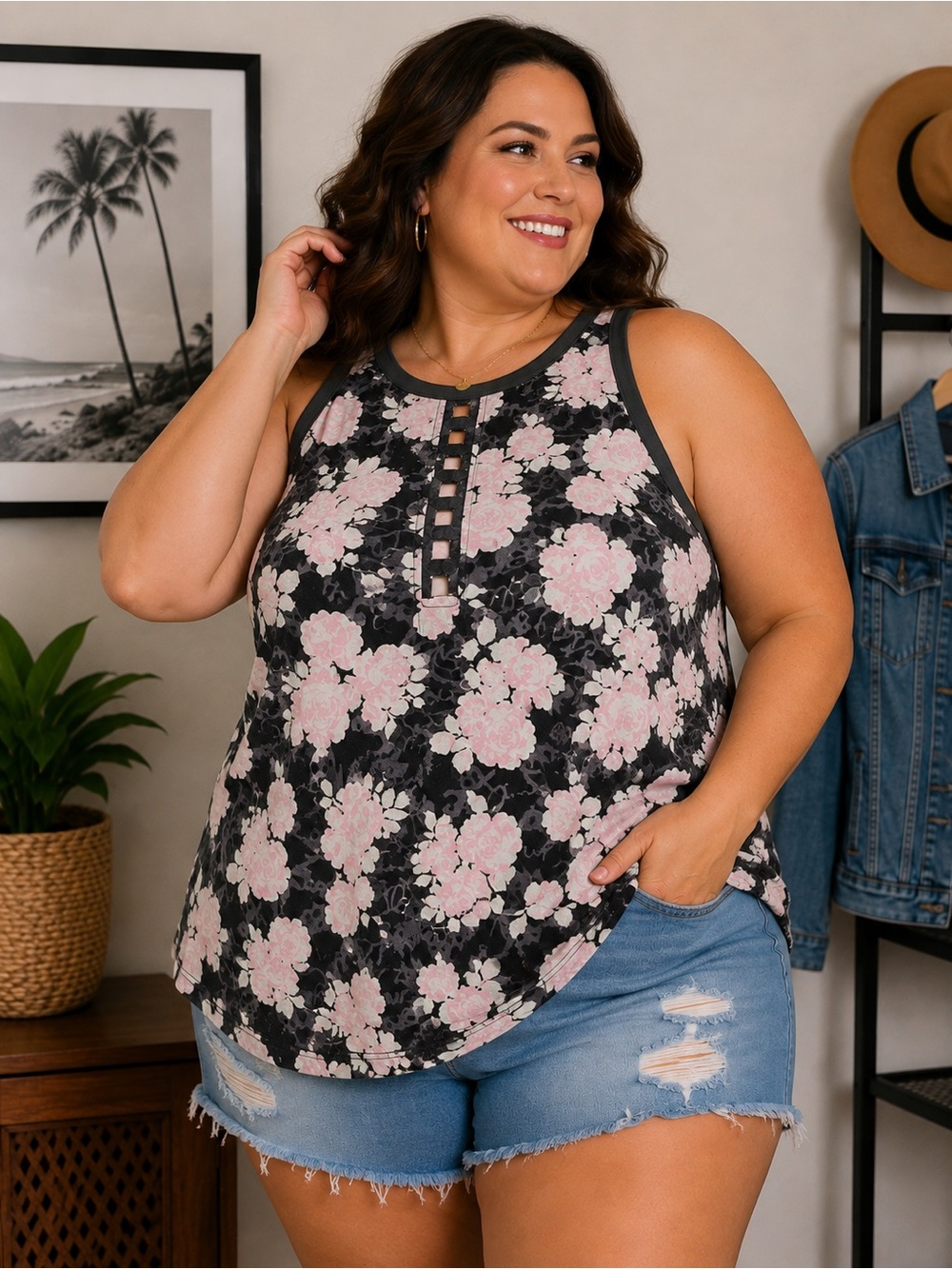 Torrid LoveSick Floral Ladder Front Tank Top – Size 1X